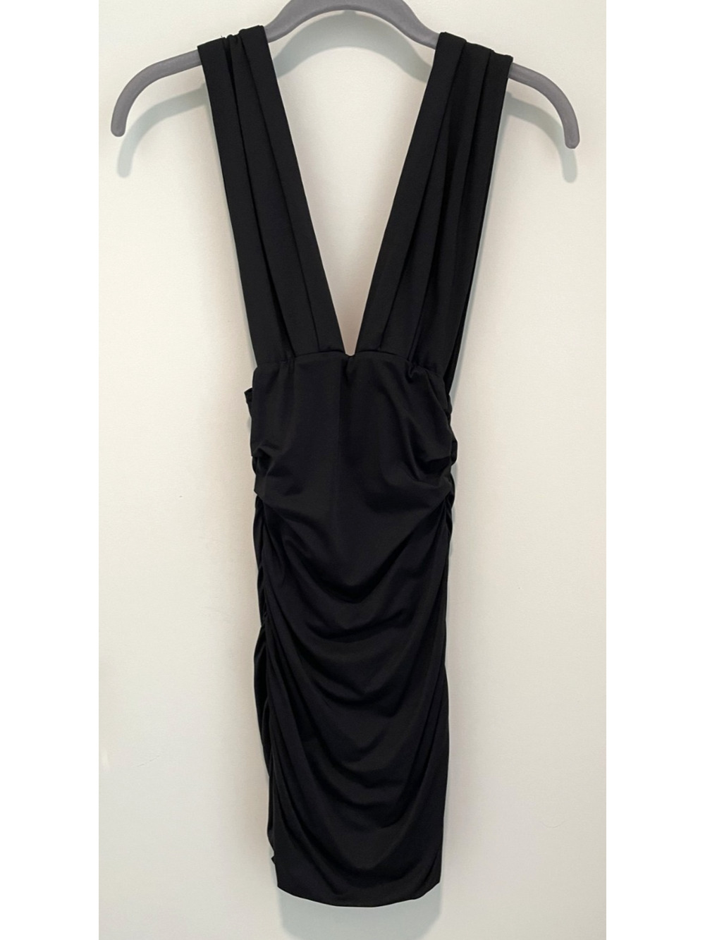 Babyboo Black Ruched Bodycon Mini Dress Womens Small Deep V Plunge Stretch
